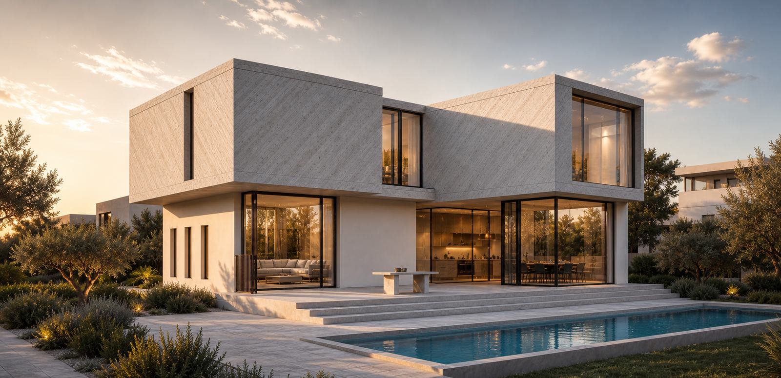 Modern concrete private villa with pool at golden hour
